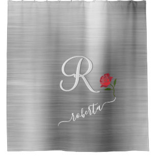 Rideaux De Douche Élégant Gris Rouge Rose Personnalisé Nom Monogramm
