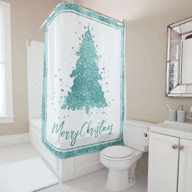 Rideaux De Douche Élégant Joyeux Noël | Luxe Aqua Mint Splatter (En situation)