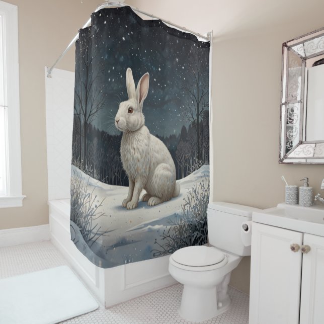 Rideaux De Douche Elégant lapin blanc Noël forêt enneigée (En situation)