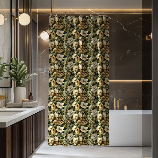 Rideaux De Douche Elegant lush greenery and gold flowers curtain (Elegant lush greenery and gold flowers curtain)