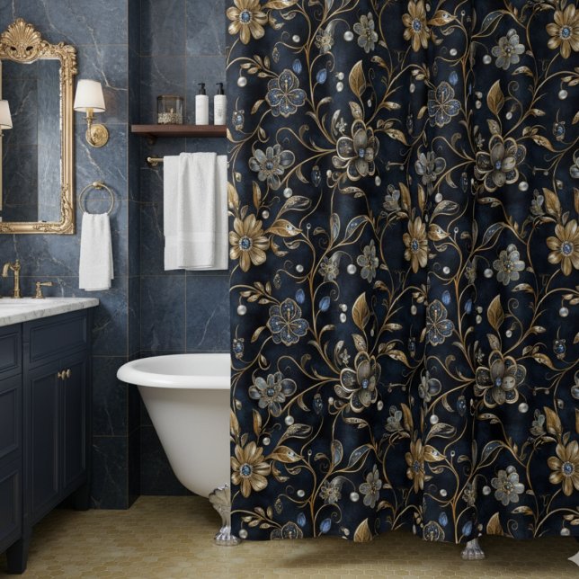 Rideaux De Douche Élégant Luxe Fleurs de Minuit (luxe elegant vintage navy gold floral shower curtain with maximalist bejeweled metallic flowers)