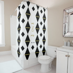 Rideaux De Douche Élégant Mariage de couple en or noir blanc géométr