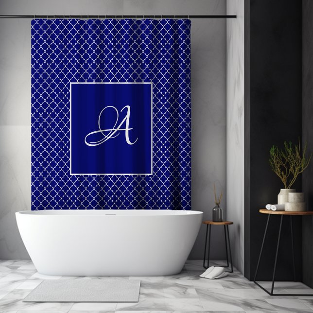 Rideaux De Douche Elégant Marocain damassé marine Monogramme bleu (Créateur téléchargé)