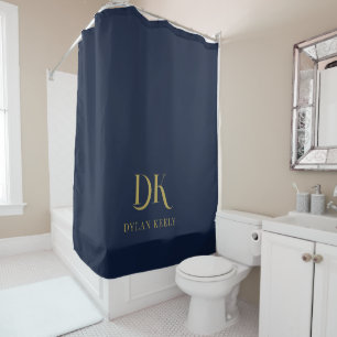 Rideaux De Douche Élégant minimaliste Monogramme bleu foncé or éléga