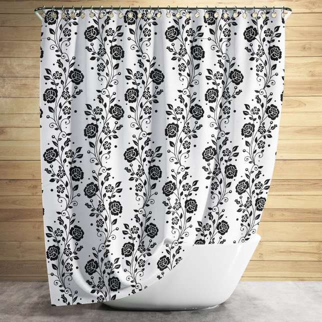 Rideaux De Douche Élégant Modèle Floral Noir Et Blanc (Elegant Black And White Floral Pattern Shower Curtain)
