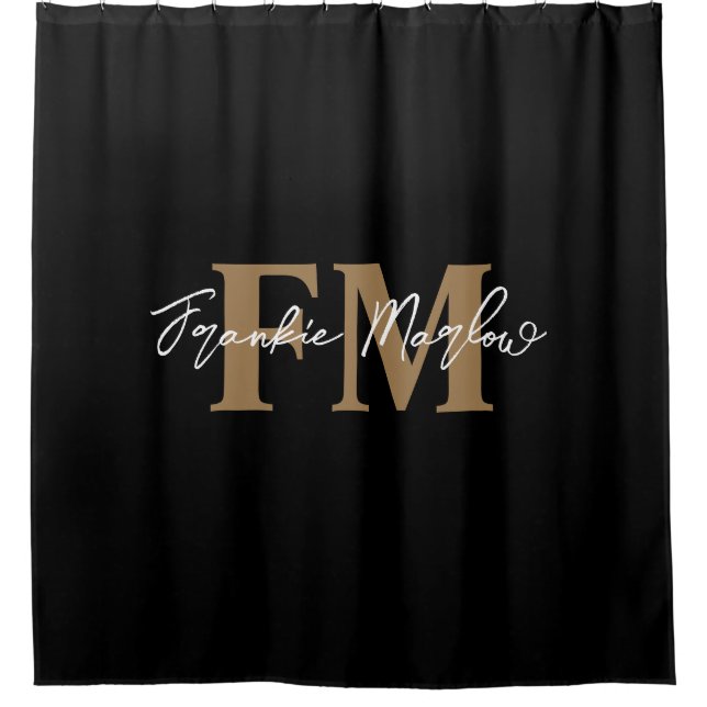 Rideaux De Douche Élégant Monogram Black Gold Script Nom Chic (Devant)