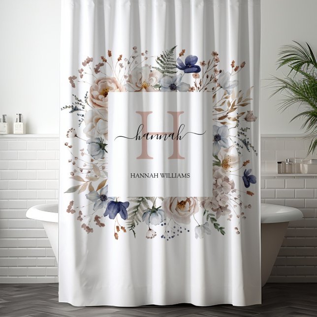 Rideaux De Douche Elegant Monogram Pretty Beige Blue Flowers Floral (In situ)