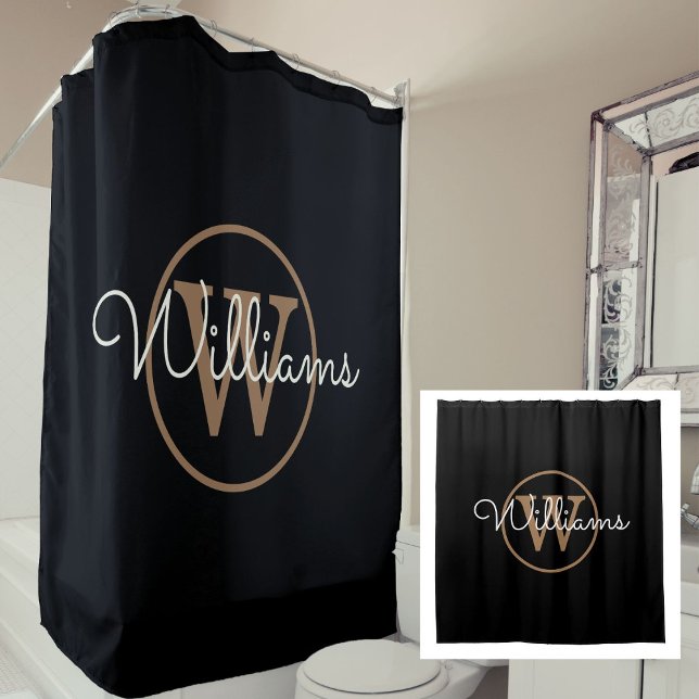 Rideaux De Douche Élégant monogramme de nom en or noir (Elegant Black Gold Monogram Script Name Shower Curtain)