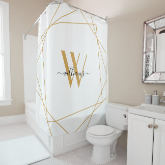 Rideaux De Douche Élégant Monogramme d'or blanc Nom géométrique Scri