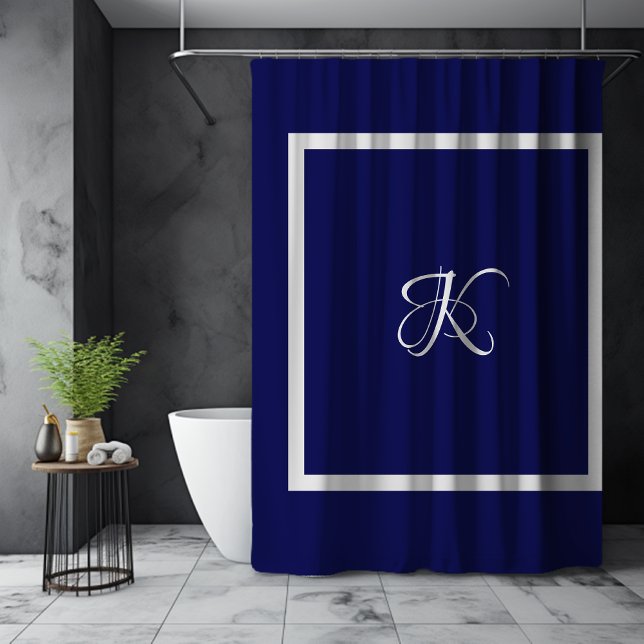 Rideaux De Douche Élégant monogramme initial gris bleu (Créateur téléchargé)