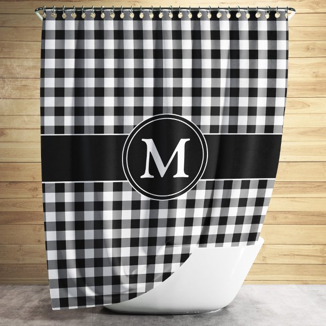 Rideaux De Douche Élégant Monogramme noir et blanc Motif vérifié (Modern Black And White Plaid Monogram Shower Curtain)