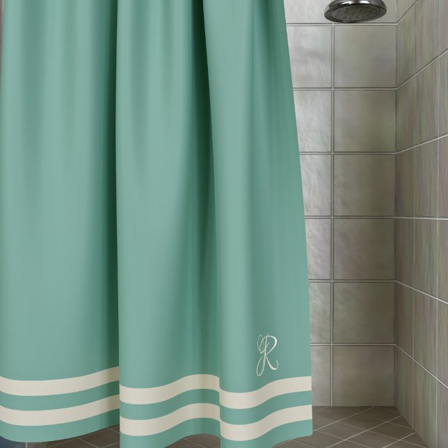 Rideaux De Douche Élégant Monogramme Ocean Green Cream strié (Aquamarine green shower curtain with space for your initial. Check out the collection for bath mats)