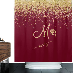 Rideaux De Douche Élégant Monogramme Personnalisé Rouge Or Étincelle