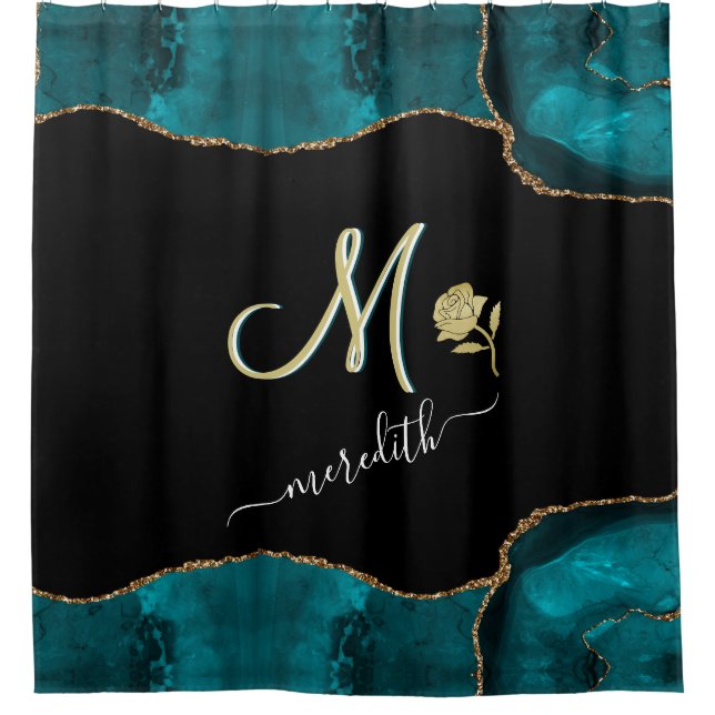Rideaux De Douche Élégant Monogramme Personnalisé Turquoise Black Go (Devant)