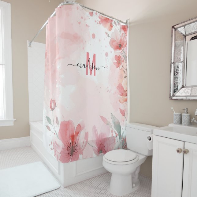 Rideaux De Douche Élégant Monogramme Rose Écriture Moderne Mariage M (En situation)