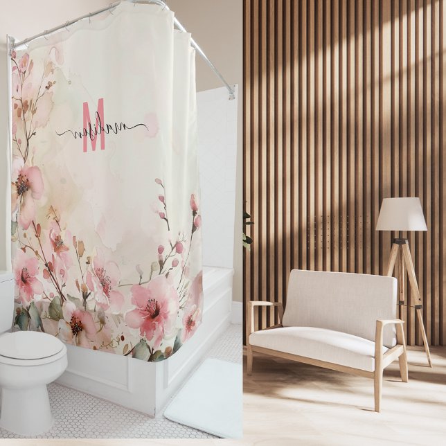 Rideaux De Douche Élégant Monogramme Rose Écriture Moderne Mariage S (Créateur téléchargé)