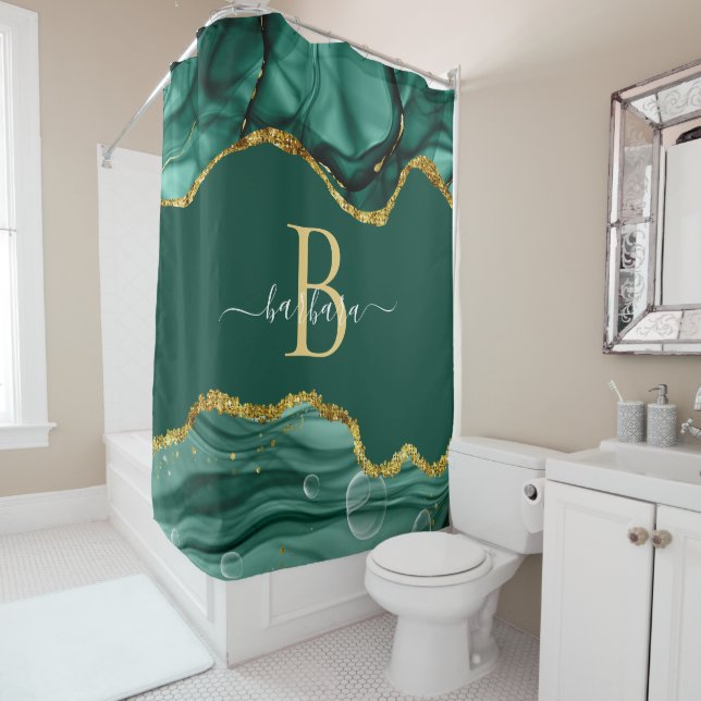 Rideaux De Douche Élégant Monogramme Vert Émeraude Agate Nom Or (En situation)