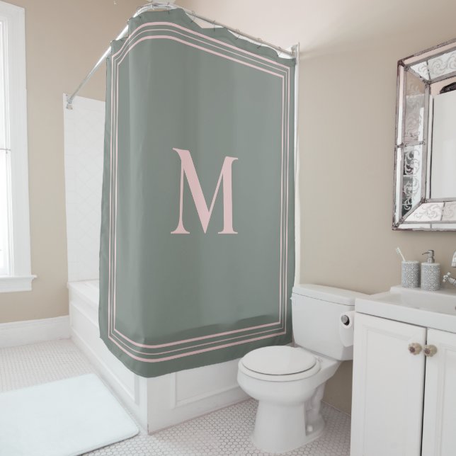Rideaux De Douche Élégant Monogramme vert rose minimaliste (En situation)