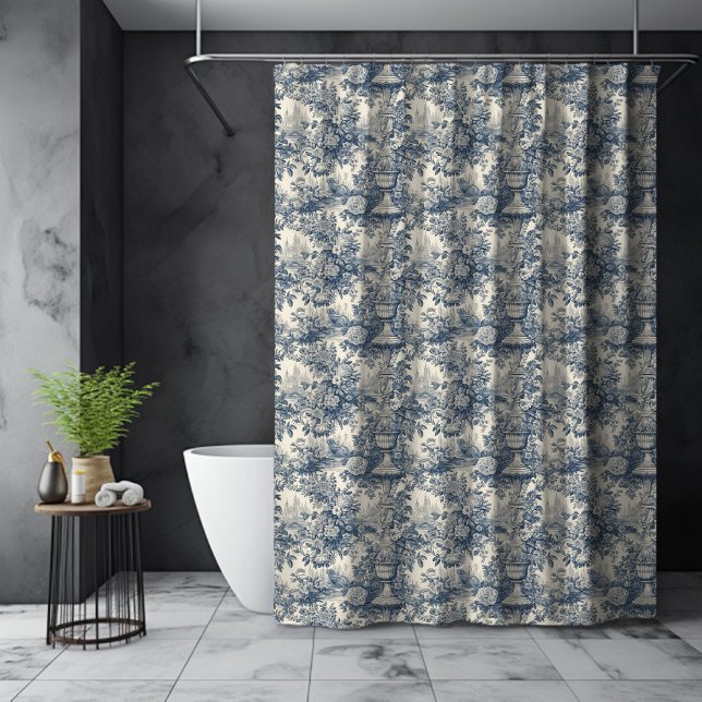 Rideaux De Douche Élégant monogramme vintage Blue toile de jouy (Créateur téléchargé)