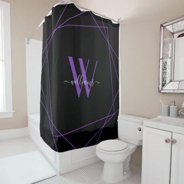 Rideaux De Douche Élégant Monogramme violet noir Nom géométrique (En situation)