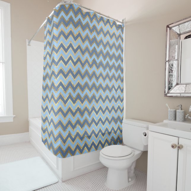 Rideaux De Douche Élégant Motif Chevron bleu et or (En situation)