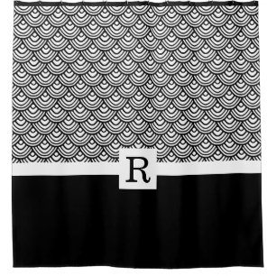 Rideaux De Douche Élégant Motif noir blanc de monogramme de pétoncl