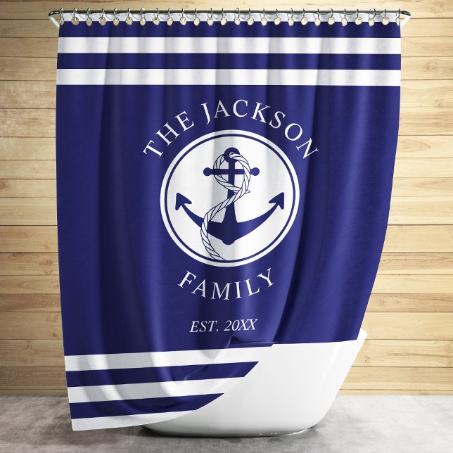 Rideaux De Douche Elegant Nautical Navy Blue Anchor Family Name (Modern Nautical Navy Blue Shower Curtain)