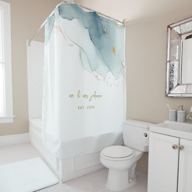 Rideaux De Douche Élégant Nautique Dusty Blue Gold Couple Mariage (En situation)