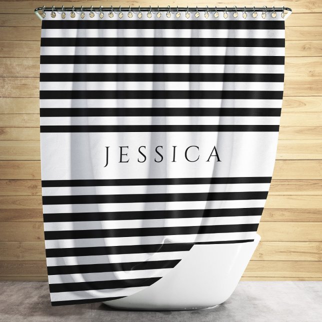 Rideaux De Douche Élégant noir et blanc rayures Motif Nom (Elegant Black And White Stripes Pattern Name Shower Curtain)