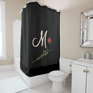 Rideaux De Douche Élégant Noir Personnalisé Monogramme Nom Rose Roug