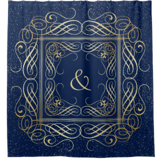 Rideaux De Douche Élégant or Foil Look Scrollwork Script sur Marine