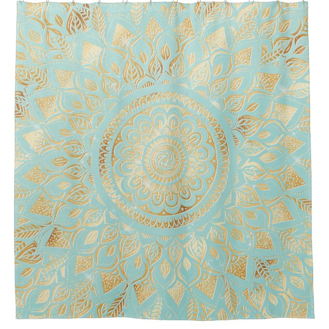 Rideaux De Douche Elégant or Lumière Turquoise Mandala Floral (Devant)