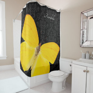 Rideaux De Douche Elégant Papillon jaune Noir Damas Ajouter un nom