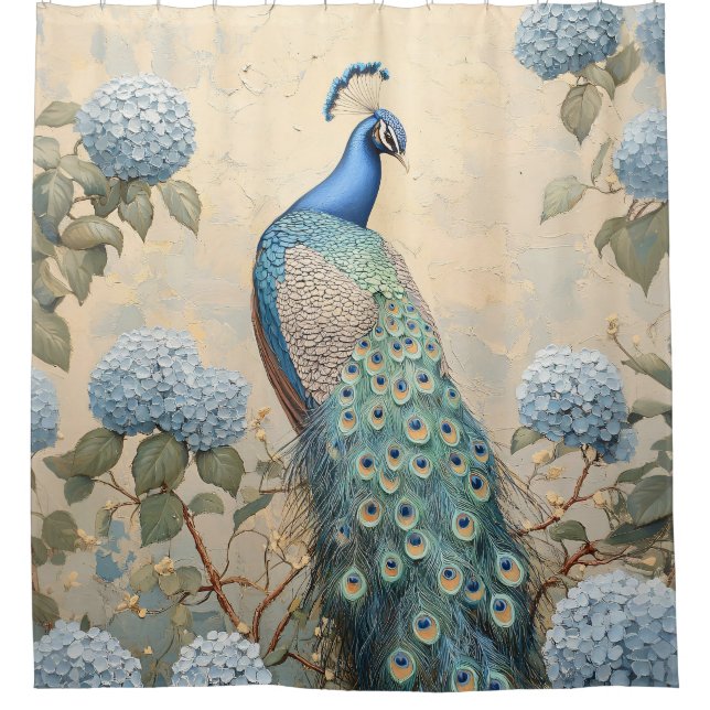 Rideaux De Douche Elegant Peacock with Blue Hydrangeas Oil Painting (Devant)