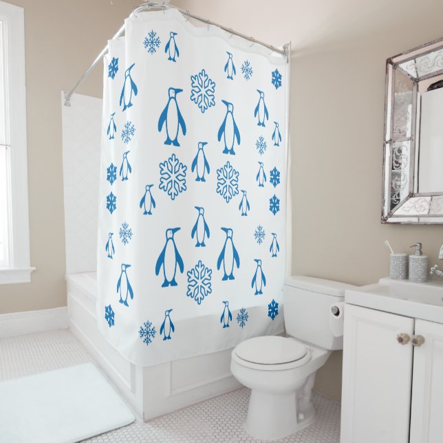 Rideaux De Douche Élégant Pingouins Bleus avec Motif de flocons de n (En situation)