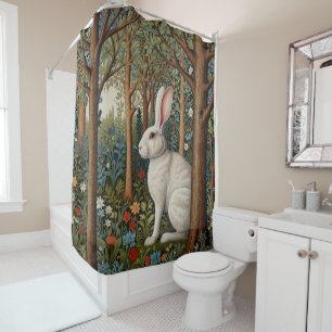 Rideaux De Douche Elégant retro boho blanc lapin boisé fleurs