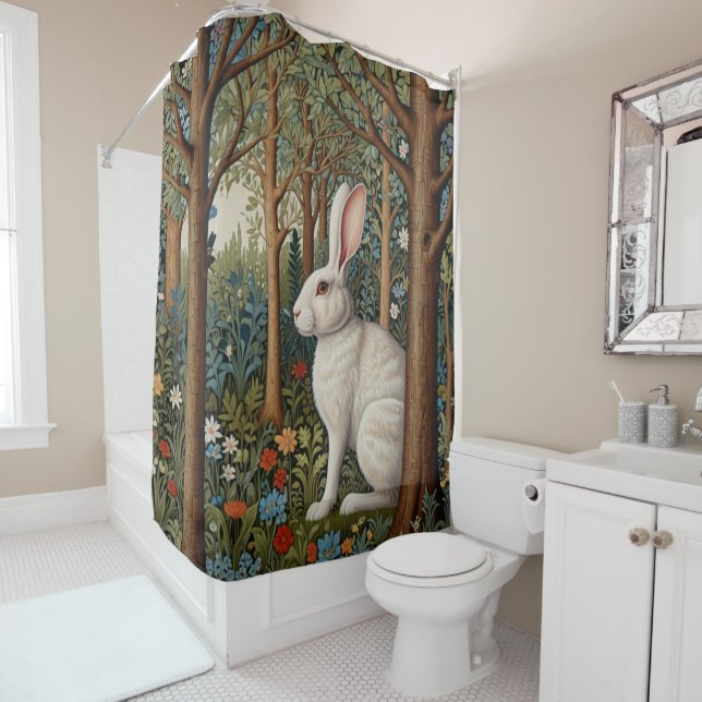 Rideaux De Douche Elégant retro boho blanc lapin boisé fleurs (En situation)