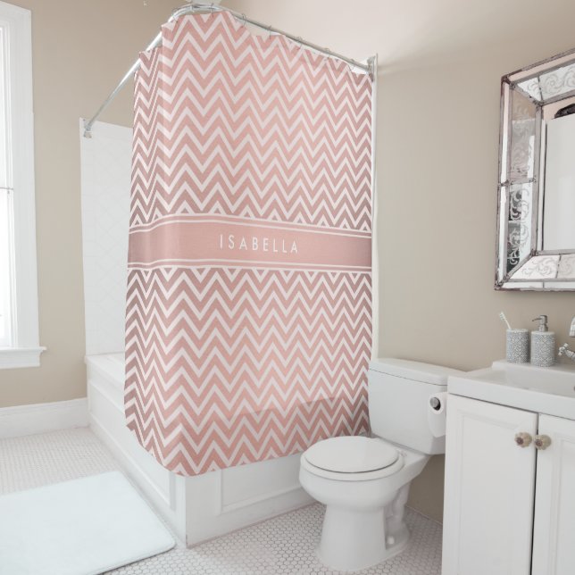 Rideaux De Douche Elégant rose Chevron Motif Girly Faux Rose or (En situation)