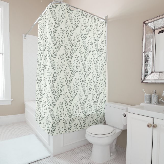 Rideaux De Douche Elegant Sage Cream Minimalist Boho Floral Pattern (En situation)