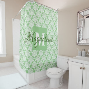Rideaux De Douche Élégant Sage Green Damask Monogramme et nom
