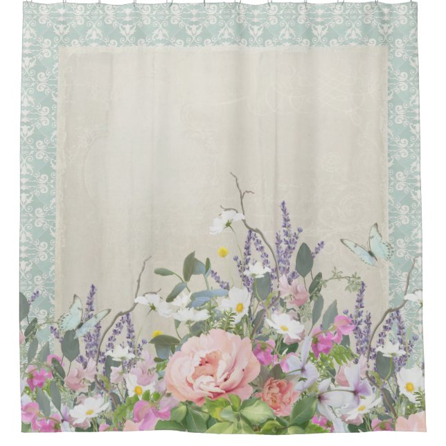Rideaux De Douche Élégant Shabby Moderne Pays Chic Floral Peonies (Devant)