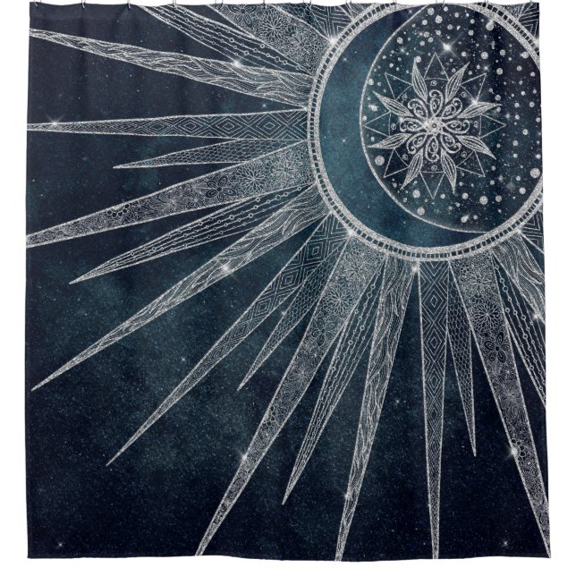 Rideaux De Douche Elégant Silver Sun Moon Doodle Mandala Blue Design (Devant)