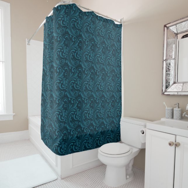 Rideaux De Douche Elegant Teal Blue Baroque Floral Pattern  (En situation)