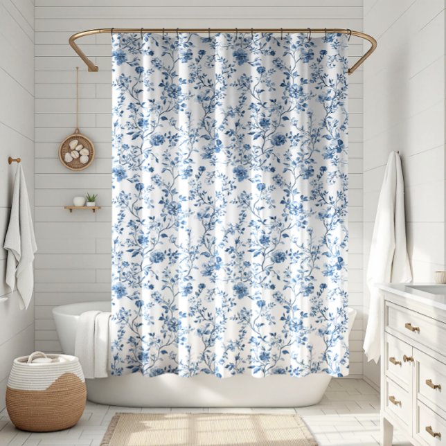 Rideaux De Douche Elegant Toile Floral Pattern Blue and White (Elegant toile de jouy blue and white botanical pattern - a touch of class for your bathroom!)