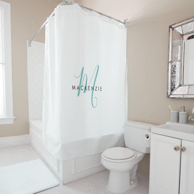 Rideaux De Douche Élégant Turquoise de script blanc moderne Monogram (En situation)