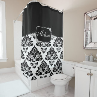 Rideaux De Douche Élégant verre noir blanc Damas Diamants