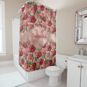 Rideaux De Douche Élégant Vintage Floral Rose Rose Or Monogramme