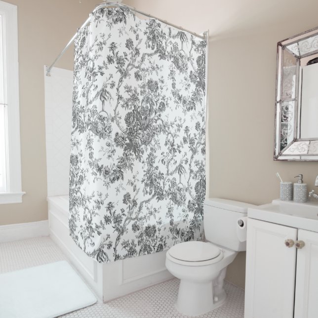 Rideaux De Douche Élégant Vintage Français gravé Floral Gris-Toile (En situation)