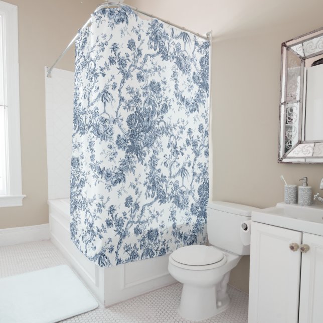 Rideaux De Douche Élégant Vintage Français gravé Floral Toile-Blue (En situation)