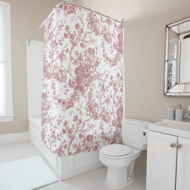 Rideaux De Douche Élégant Vintage Français gravé Floral Toile-rose (En situation)